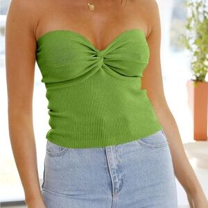 Strapless Twist Front Ribbed tube Top - Green